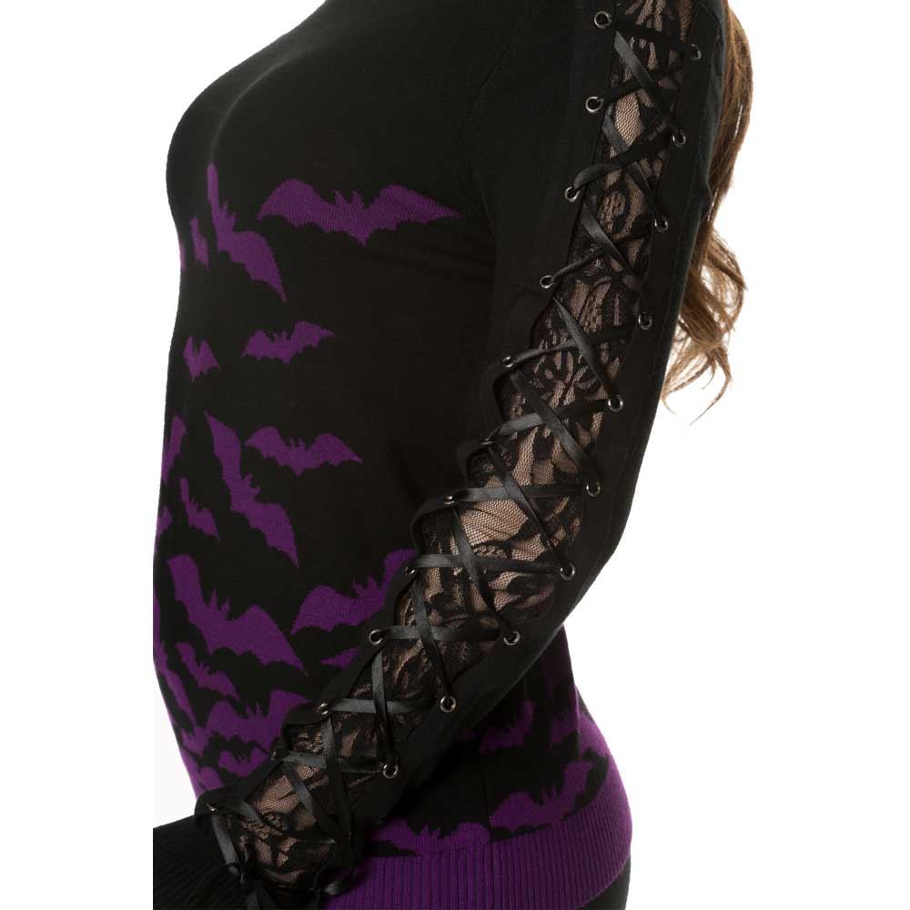 Banned Banned Gebreide trui Haunted diva ZwartPaars Haunted Diva gebreide dames trui met vleermuizen patroon en